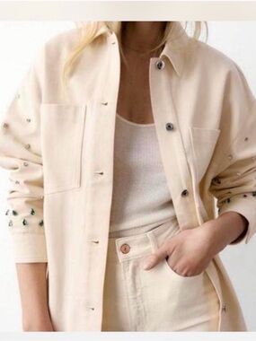 Zara Cream Embellished Utility Jacket with Studded Sleeves